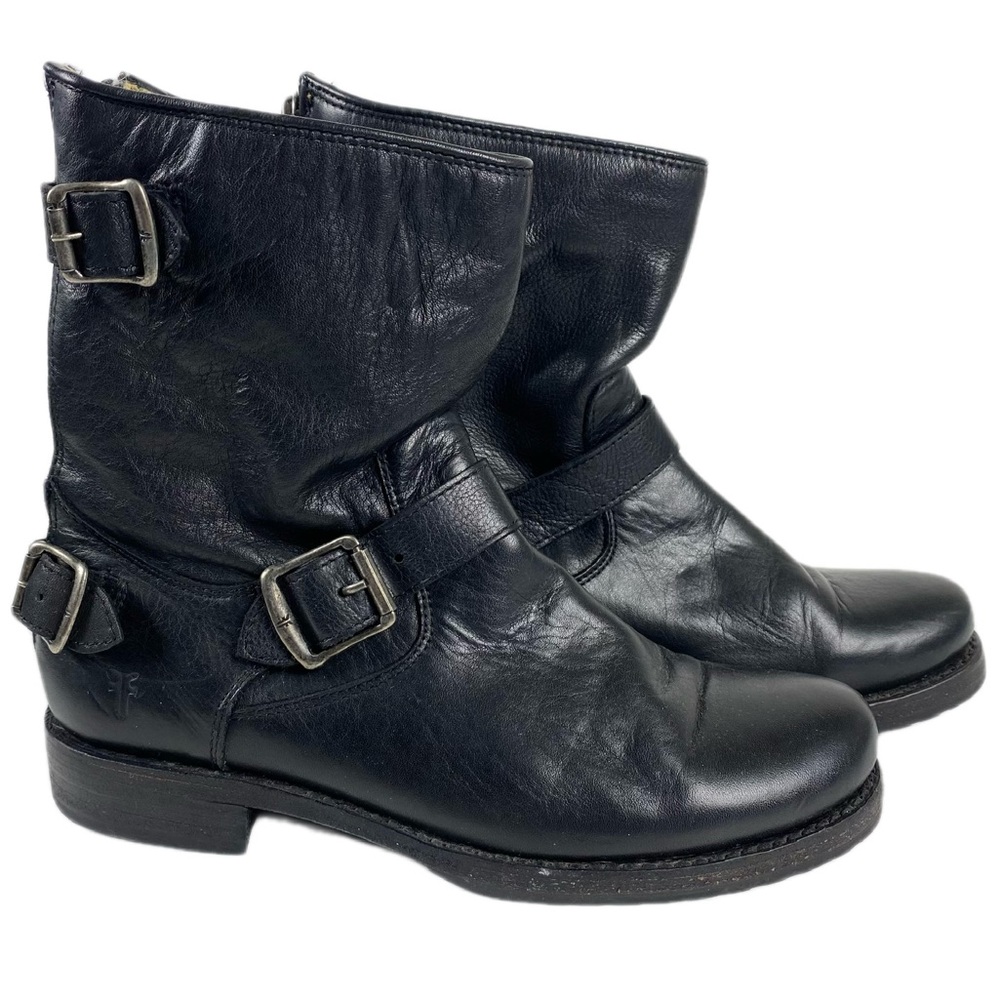 Frye Black Leather Harness Boots Buckle Moto Biker Ankle Boots